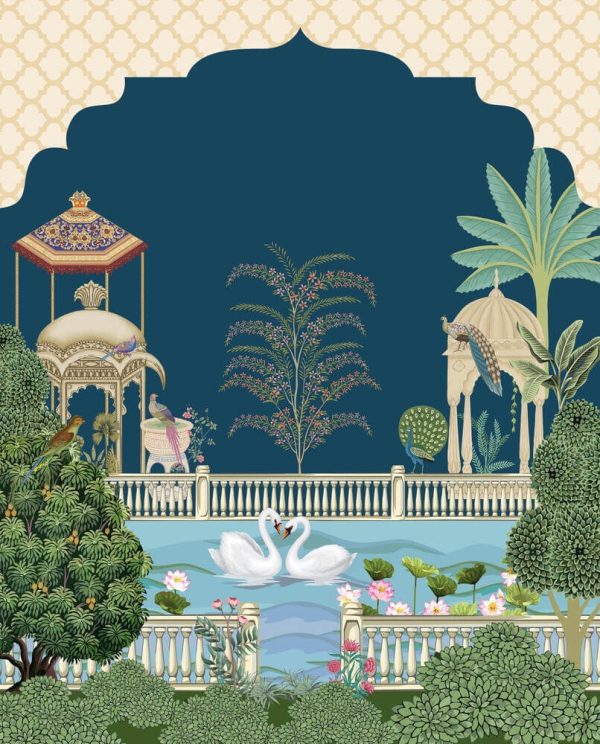 Mughal night garden palace, arch, bird, swan, peacock vector illustration pattern