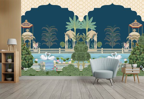 Mughal night garden palace, arch, bird, swan, peacock vector illustration pattern - Image 2