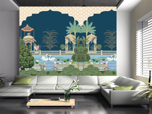 Mughal night garden palace, arch, bird, swan, peacock vector illustration pattern - Image 3