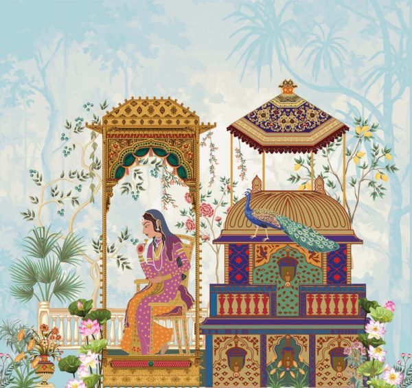 Mughal Persian queen seating in a palace garden illustration