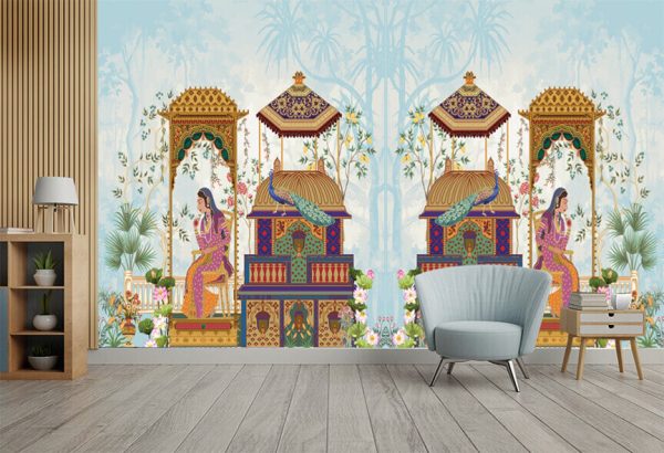 Mughal Persian queen seating in a palace garden illustration - Image 3