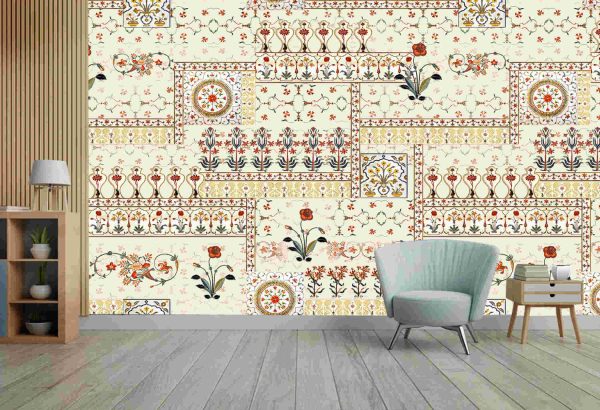 Seamless beautiful mughal floral with ethnic paisley with patterns on digital cream background