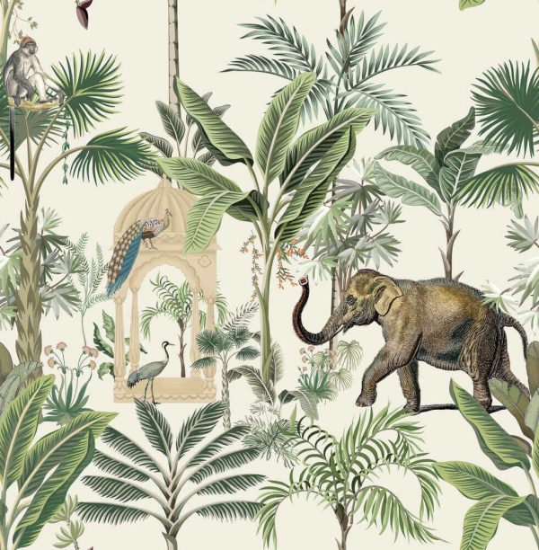 Mughal traditional garden, elephant ride, caravan. Traditional tropical seamless pattern