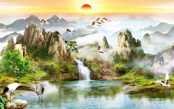 3d wallpaper Landscape painting sunrise wallpaper for home - Image 2