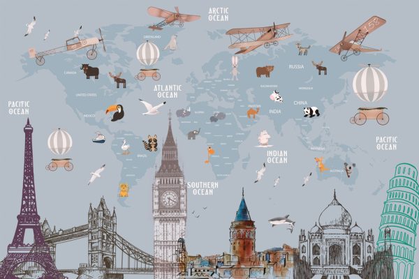 Animals world map and famous landmarks of the world for kids wallpaper design