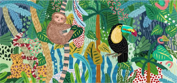 Abstract jungle background! Vector illustrations of animals (sloth, snake, leopard, parrot toucan), leaves, spots, objects and textures. wallpaper for walls