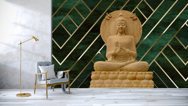 3d buddha with green background golden lines , beautiful design for hall interiors - Image 2