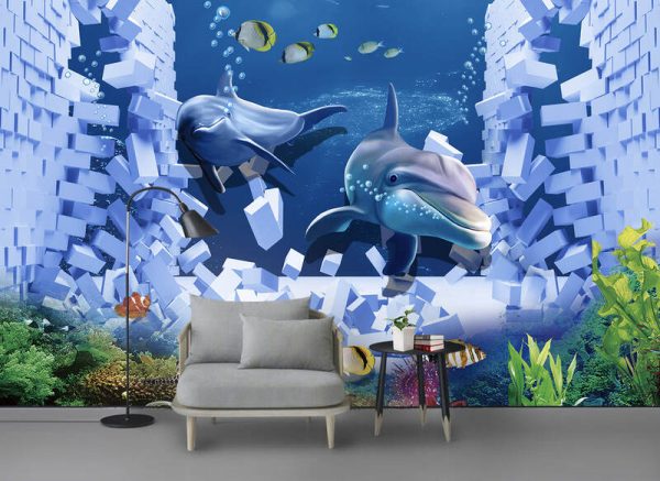 3D Breaking Through The Wall And Out Of Ocean World Kids Room Wallpaper - Image 2