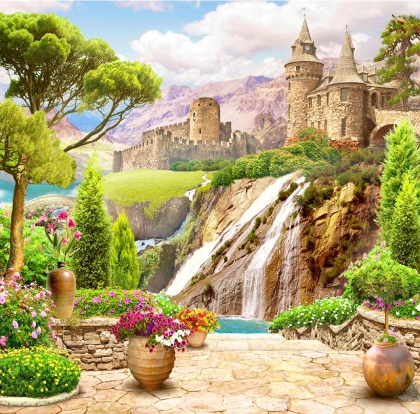 An old stone castle. Cascade of waterfalls. 3d illustration. 3d photo wallpapers. - Image 2