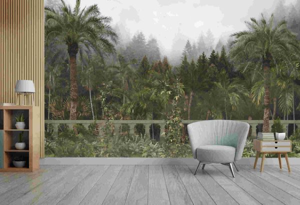 Trees and leaves wallpaper design in foggy forest - 3D illustration - Image 2