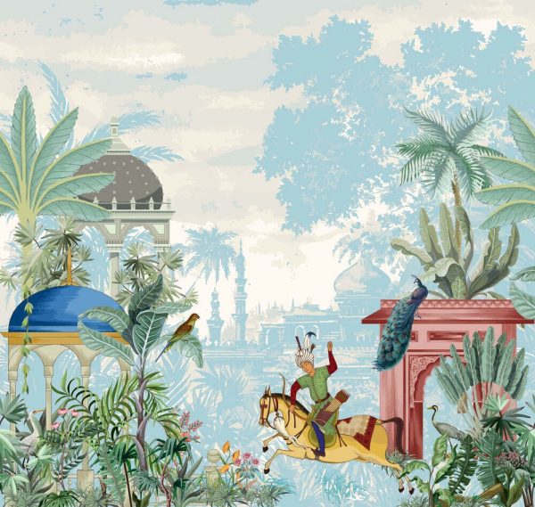 Persian garden emperor riding horse vector illustration pattern for wallpaper