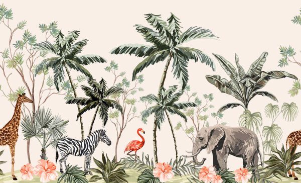 Hand drawn tropical vintage botanical landscape kid's wallpaper - Image 2
