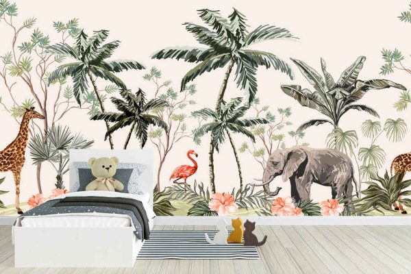 Hand drawn tropical vintage botanical landscape kid's wallpaper - Image 3