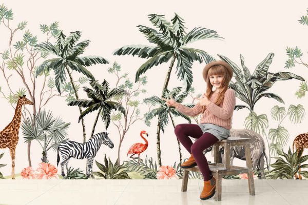 Hand drawn tropical vintage botanical landscape kid's wallpaper