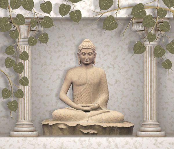 Buddha meditating Sculpture beautiful leaves and pillars rendering, 3D illustration wallpaper, wall poster.