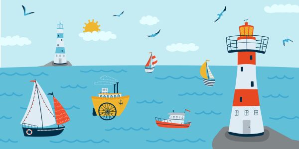 Horizontal background with seascape in flat style . Summer banner with ships, a lighthouse, boat. - Image 2