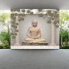 Buddha meditating Sculpture beautiful leaves and pillars rendering, 3D illustration wallpaper, wall poster. - Image 2
