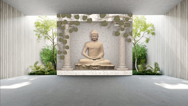 Buddha meditating Sculpture beautiful leaves and pillars rendering, 3D illustration wallpaper, wall poster. - Image 2