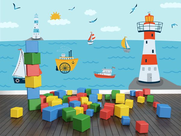 Horizontal background with seascape in flat style . Summer banner with ships, a lighthouse, boat. - Image 3