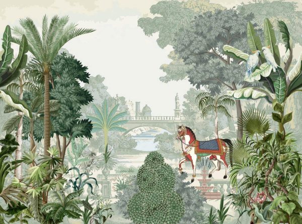 Traditional British, Mughal garden, forest, horse, parrot vector pattern