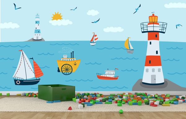 Horizontal background with seascape in flat style . Summer banner with ships, a lighthouse, boat.