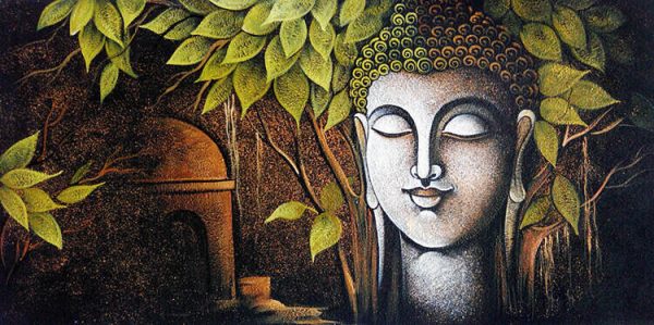 Buddha Painting Art wWth Green Leaves - Image 2