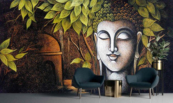 Buddha Painting Art wWth Green Leaves - Image 3