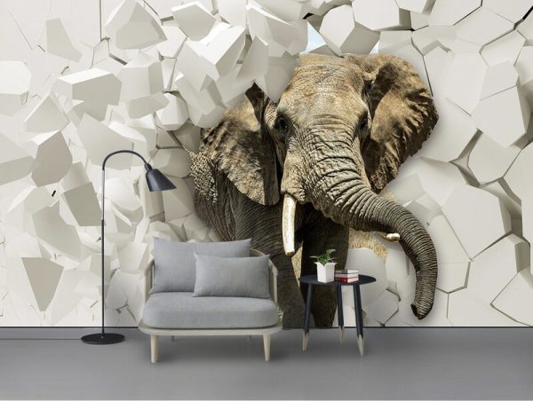 Three-dimensional Relief Elephant Breaks Into The Background Wall
