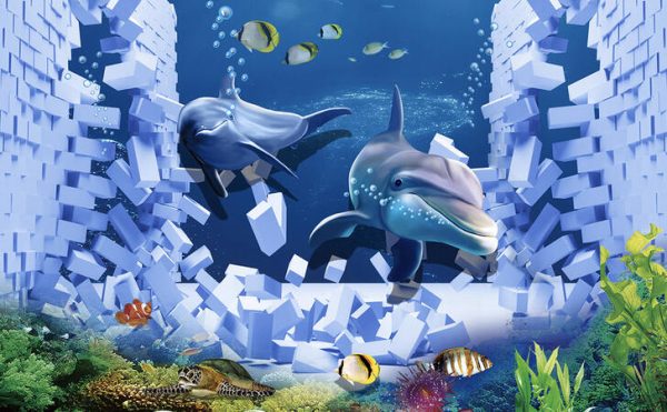 3D Breaking Through The Wall And Out Of Ocean World Kids Room Wallpaper - Image 3