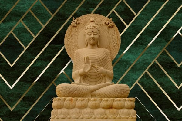 3d buddha with green background golden lines , beautiful design for hall interiors