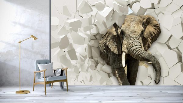 Three-dimensional Relief Elephant Breaks Into The Background Wall - Image 3