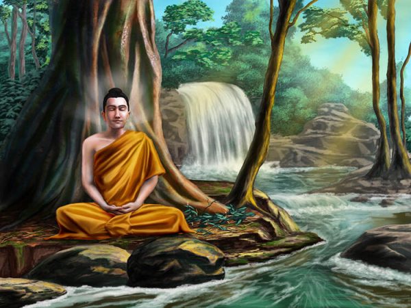 Buddha sitting in meditation near a small stream, in a peaceful forest. Digital illustration.