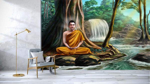 Buddha sitting in meditation near a small stream, in a peaceful forest. Digital illustration. - Image 2
