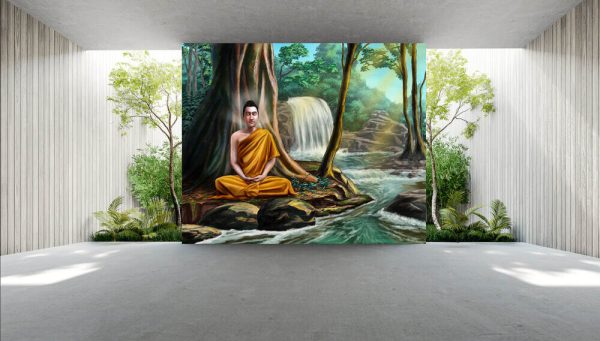 Buddha sitting in meditation near a small stream, in a peaceful forest. Digital illustration. - Image 3