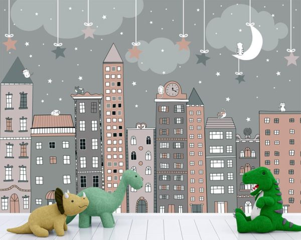 Kids Nursery city - Cute baby cats with cityspacpe hand drawn. Illustration - Image 3