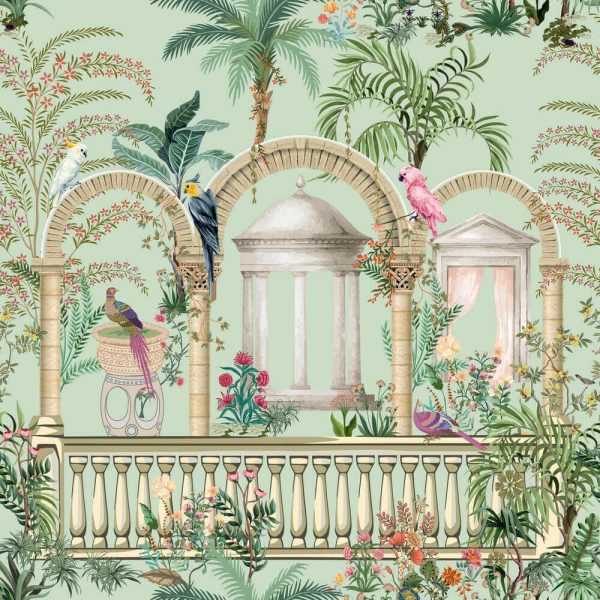 Traditional Greek Mughal garden, roman arch, palace, parrot, bird seamless vector pattern
