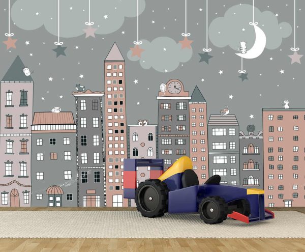 Kids Nursery city - Cute baby cats with cityspacpe hand drawn. Illustration