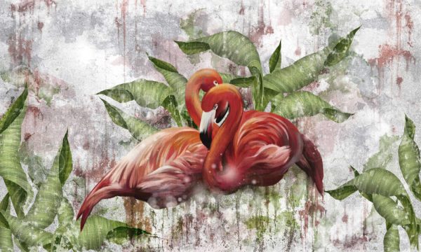 Painted flamingos in tropical leaves on a textured shabby background - Image 2
