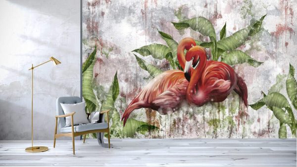 Painted flamingos in tropical leaves on a textured shabby background - Image 3