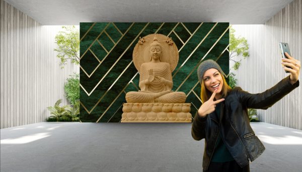 3d buddha with green background golden lines , beautiful design for hall interiors - Image 3