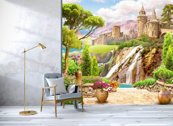 An old stone castle. Cascade of waterfalls. 3d illustration. 3d photo wallpapers. - Image 3