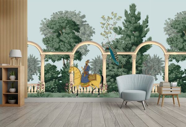 Traditional Indian Mughal emperor with landscape, arch, peacock, plant and palace vector illustration for wallpaper. Company art. East Indian painting. seamless pattern - Image 2
