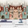 Medieval city street with houses and trees. Hand drawn watercolour and coloured pencils illustration. - Image 2