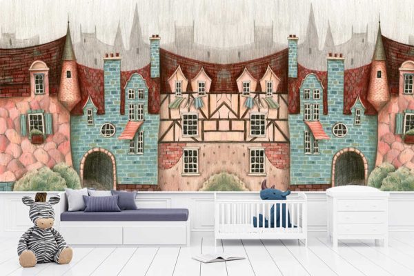 Medieval city street with houses and trees. Hand drawn watercolour and coloured pencils illustration. - Image 2