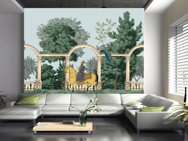 Traditional Indian Mughal emperor with landscape, arch, peacock, plant and palace vector illustration for wallpaper. Company art. East Indian painting. seamless pattern - Image 3