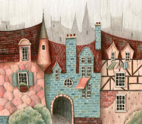 Medieval city street with houses and trees. Hand drawn watercolour and coloured pencils illustration.