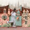 Medieval city street with houses and trees. Hand drawn watercolour and coloured pencils illustration. - Image 3