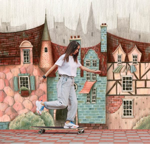 Medieval city street with houses and trees. Hand drawn watercolour and coloured pencils illustration. - Image 3
