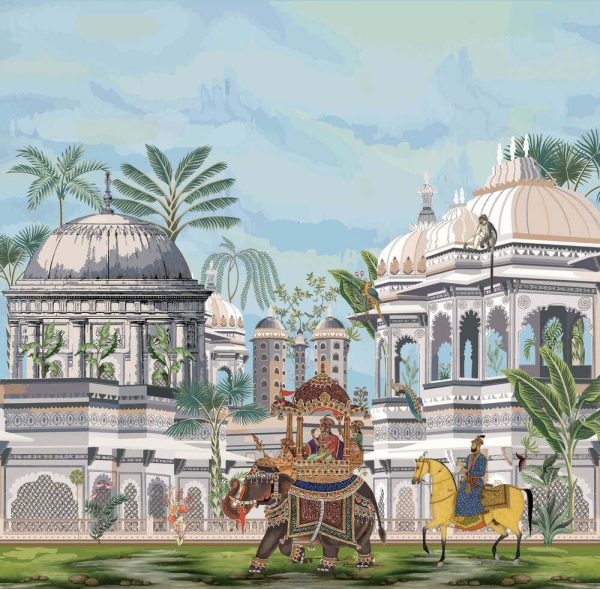 Traditional Indian Mughal emperor, queen, elephant, caravan, palace, architecture, arch, dome, peacock illustration vector