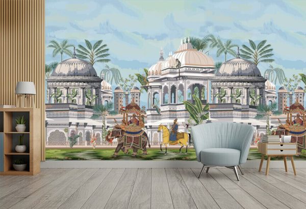 Traditional Indian Mughal emperor, queen, elephant, caravan, palace, architecture, arch, dome, peacock illustration vector - Image 2
